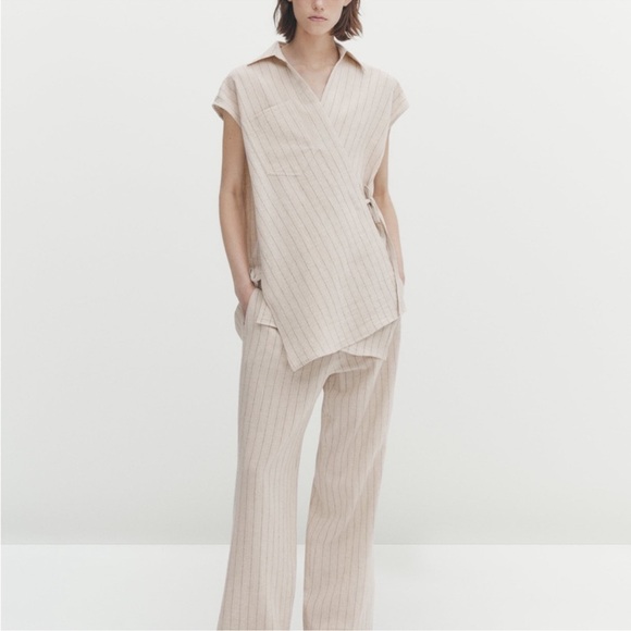 Massimo Dutti pinstripe wrap top linen cotton blouse natural fibers size small - Picture 5 of 17